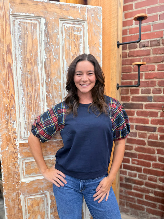 JODIFL Plaid Puffer Sleeve Top